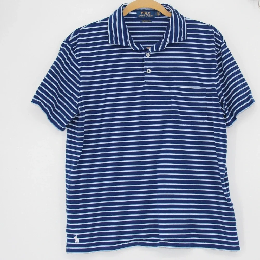 Polo Ralph Lauren Mens Custom Slim Fit Striped Polo Shirt Blue White Medium READ